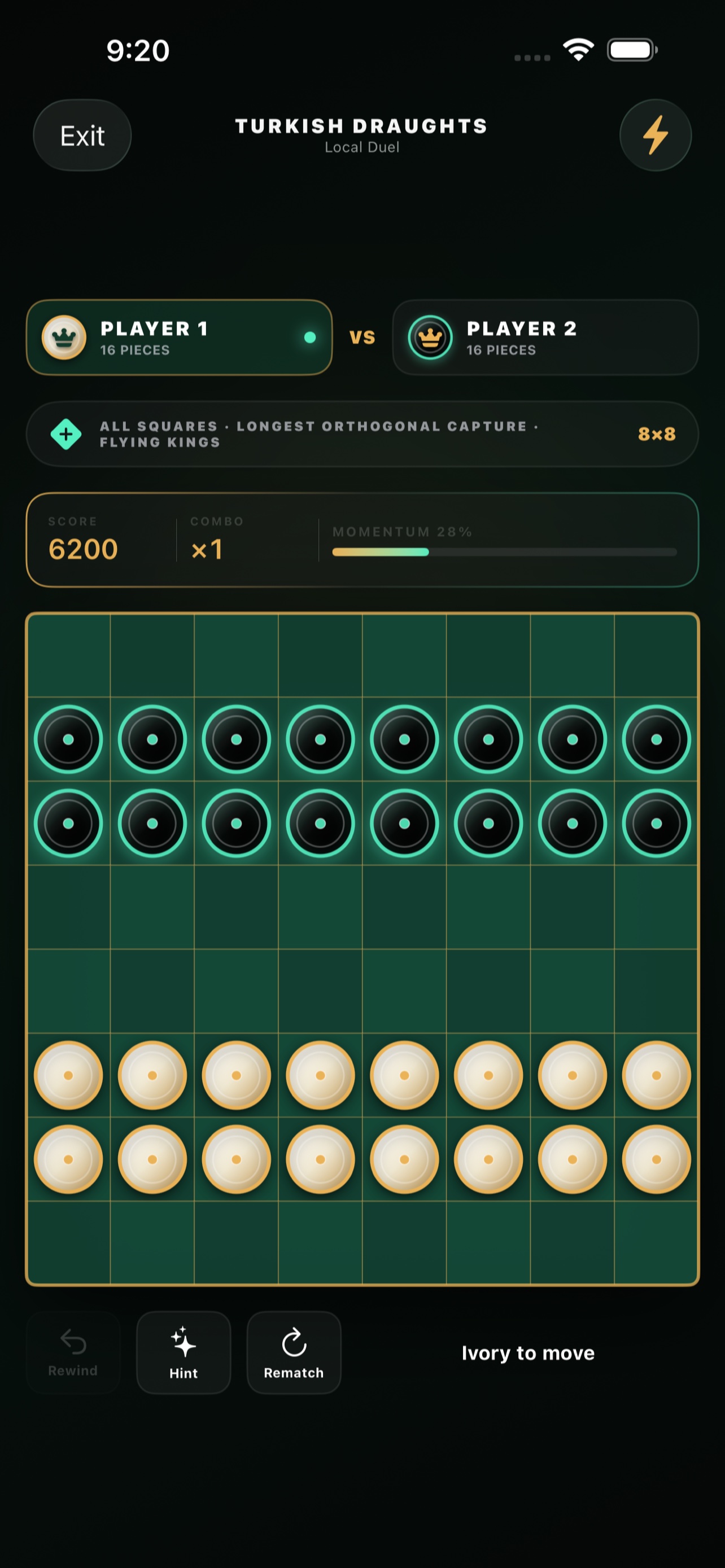 Turkish Draughts arena in the native Table of Worlds iOS build